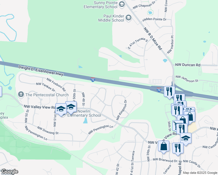 map of restaurants, bars, coffee shops, grocery stores, and more near 1608 Northwest Amesbury Court in Blue Springs