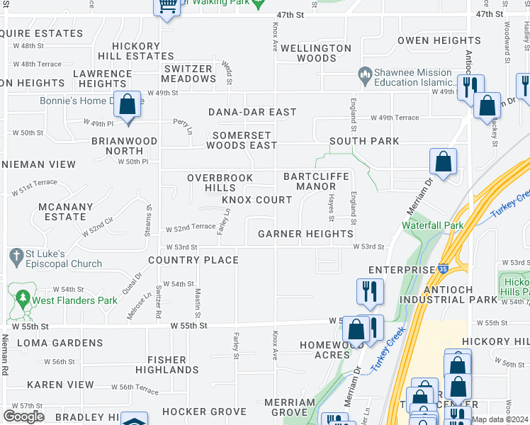 map of restaurants, bars, coffee shops, grocery stores, and more near 9710 West 52nd Street in Shawnee