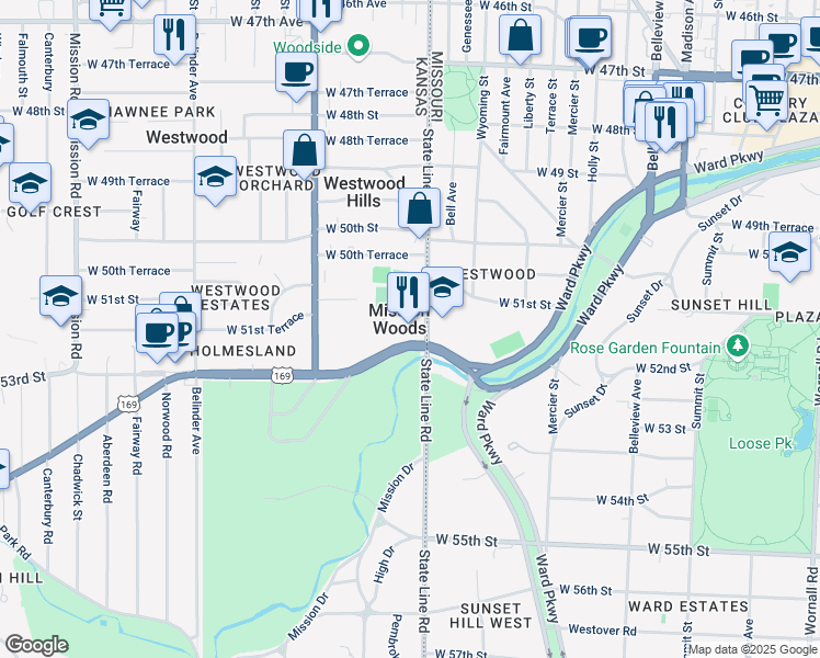 map of restaurants, bars, coffee shops, grocery stores, and more near 1900 Shawnee Mission Parkway in Mission Woods