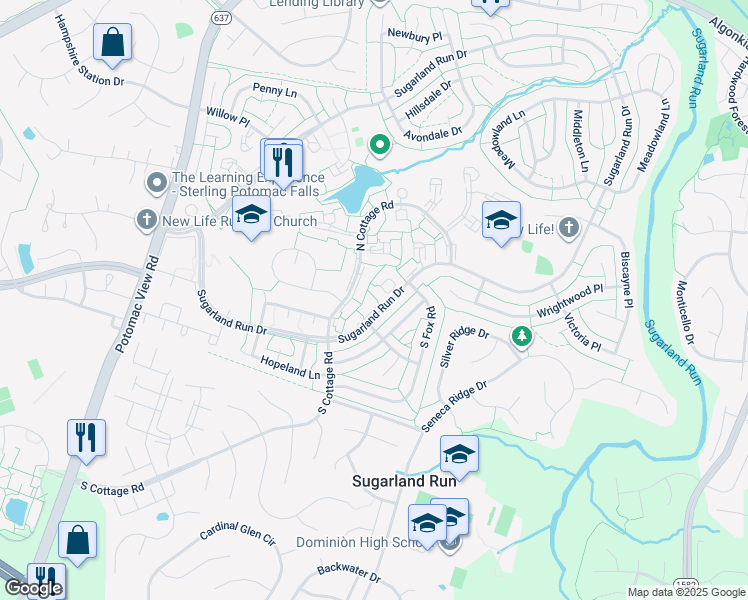 map of restaurants, bars, coffee shops, grocery stores, and more near 801 Sugarland Run Drive in Sterling