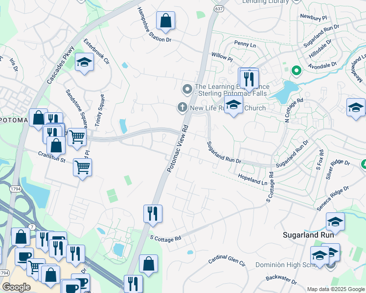 map of restaurants, bars, coffee shops, grocery stores, and more near 1012 Brethour Court in Sterling