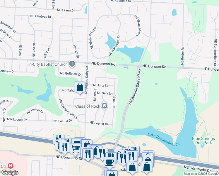map of restaurants, bars, coffee shops, grocery stores, and more near 913 Northeast Sala Lane in Blue Springs