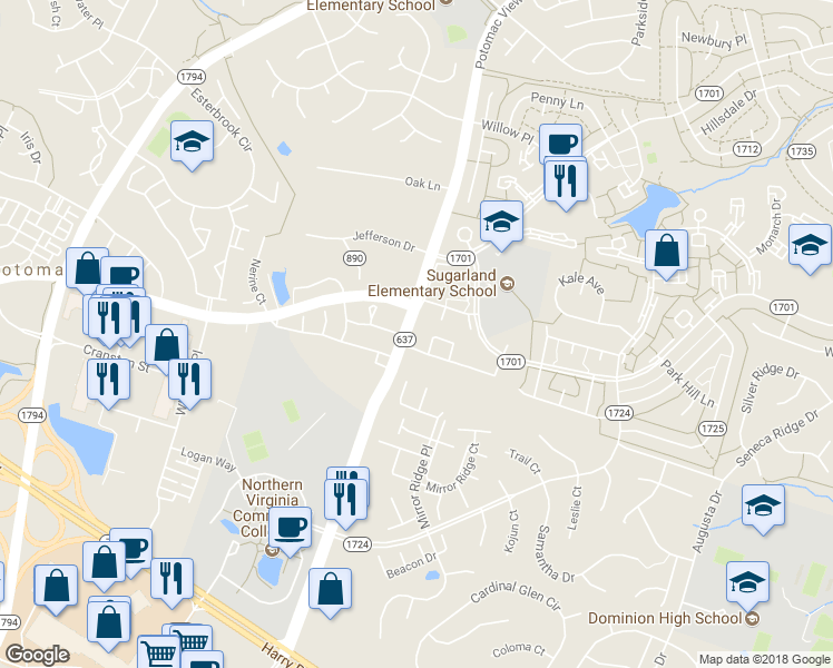 map of restaurants, bars, coffee shops, grocery stores, and more near 1012 Brethour Court in Sterling