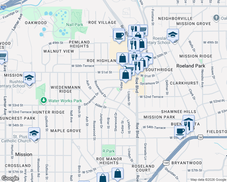 map of restaurants, bars, coffee shops, grocery stores, and more near 5210 Cedar Street in Roeland Park