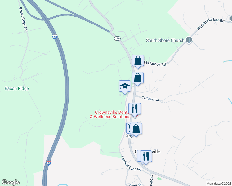 map of restaurants, bars, coffee shops, grocery stores, and more near 1376 Fairfield Loop Road in Crownsville