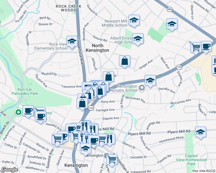 map of restaurants, bars, coffee shops, grocery stores, and more near 3507 University Boulevard West in Kensington