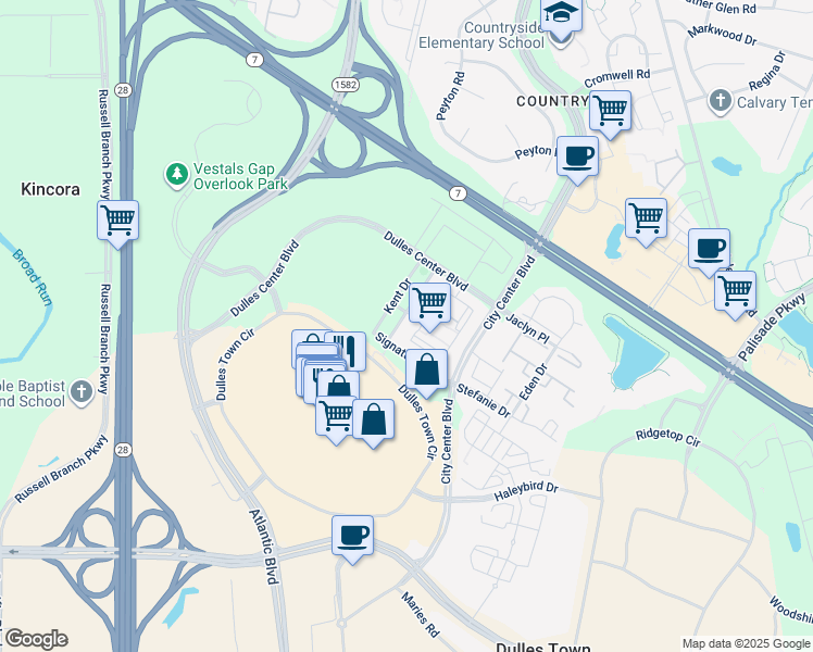 map of restaurants, bars, coffee shops, grocery stores, and more near 21005 Stanford Square in Sterling