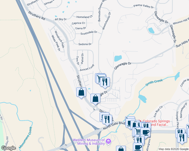 map of restaurants, bars, coffee shops, grocery stores, and more near 14070 Nichlas Court in Colorado Springs