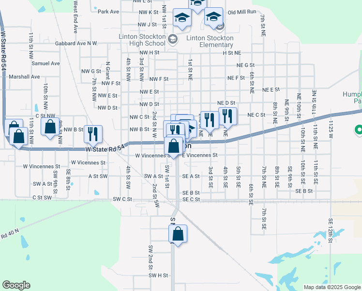 map of restaurants, bars, coffee shops, grocery stores, and more near in Linton