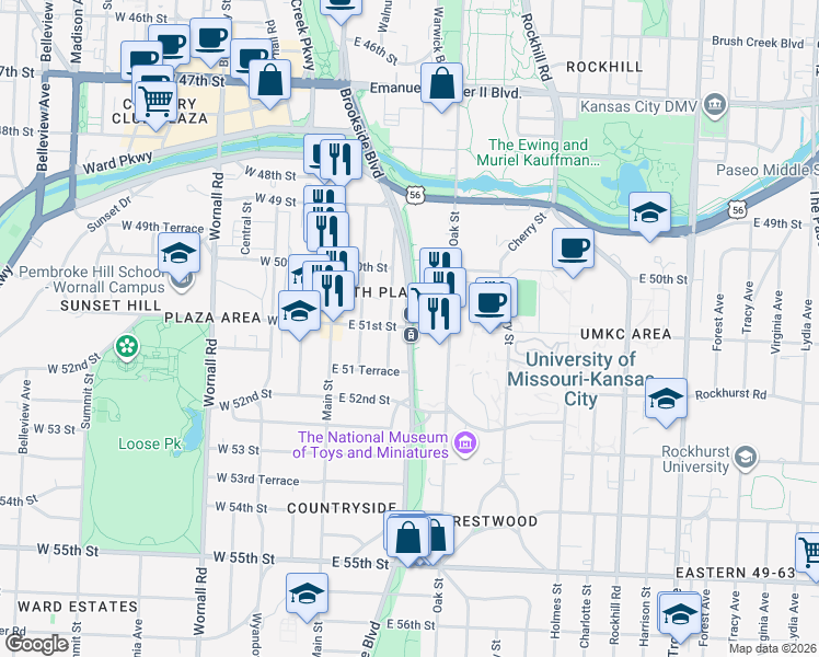 map of restaurants, bars, coffee shops, grocery stores, and more near E 51st St & Brookside Blvd in Kansas City