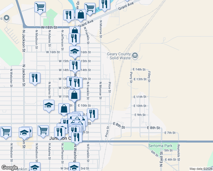 map of restaurants, bars, coffee shops, grocery stores, and more near 315 East 12th Street in Junction City