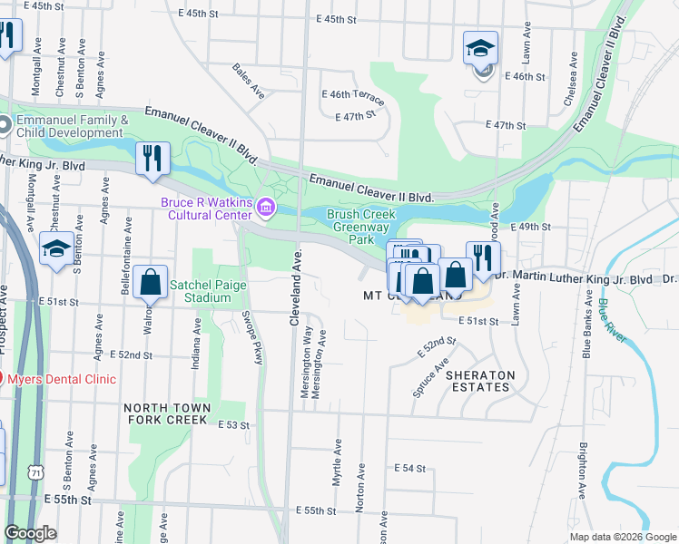 map of restaurants, bars, coffee shops, grocery stores, and more near Blue Ridge Cut Off in Kansas City