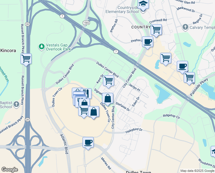 map of restaurants, bars, coffee shops, grocery stores, and more near 21000 Stanford Square in Dulles