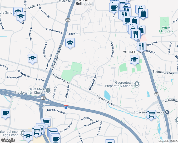 map of restaurants, bars, coffee shops, grocery stores, and more near 10817 Luxberry Drive in North Bethesda