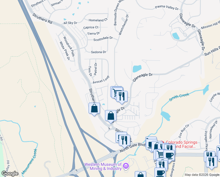 map of restaurants, bars, coffee shops, grocery stores, and more near 14070 Nichlas Court in Colorado Springs