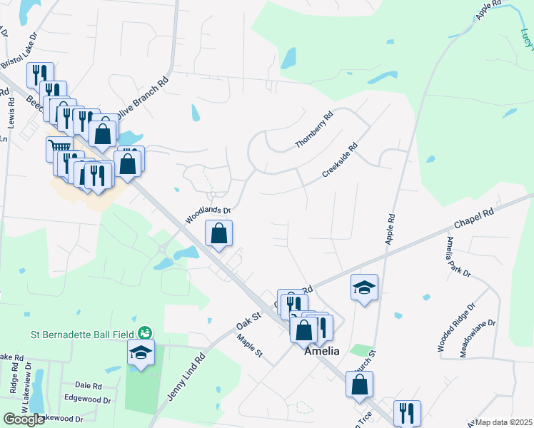 map of restaurants, bars, coffee shops, grocery stores, and more near 59 Hitchcock Lane in Amelia