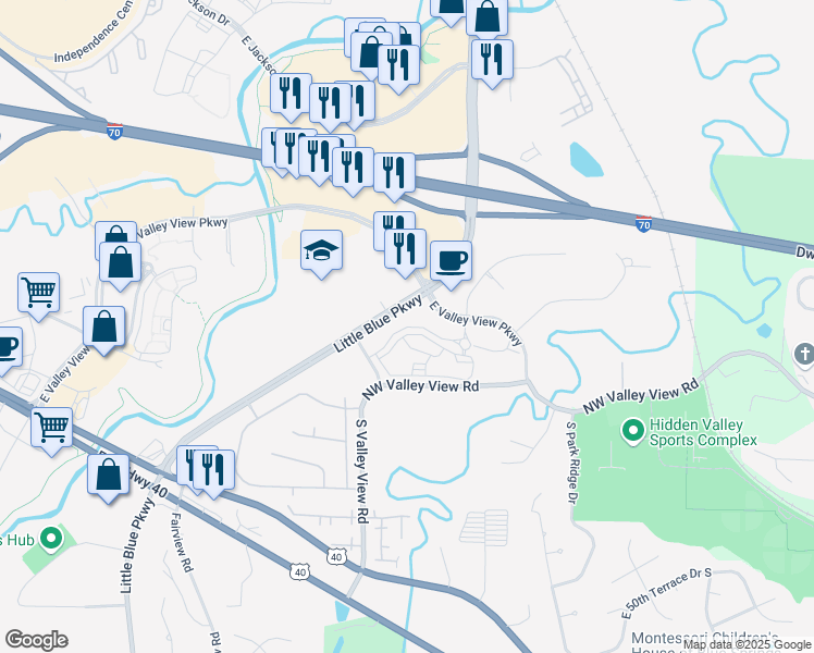 map of restaurants, bars, coffee shops, grocery stores, and more near 4223 Little Blue Parkway in Blue Springs