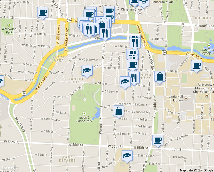 map of restaurants, bars, coffee shops, grocery stores, and more near 316 West 51 Terrace in Kansas City