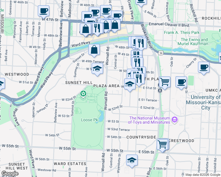 map of restaurants, bars, coffee shops, grocery stores, and more near 316 West 51 Terrace in Kansas City