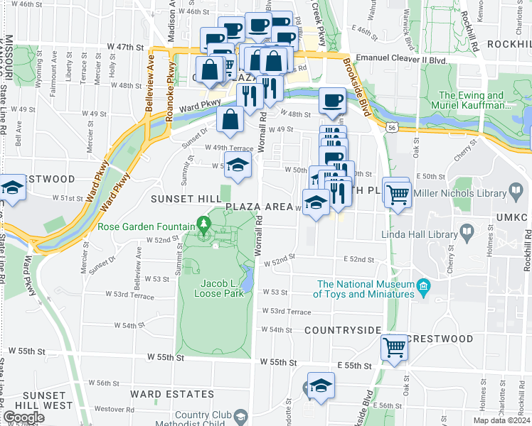 map of restaurants, bars, coffee shops, grocery stores, and more near 316 West 51 Terrace in Kansas City
