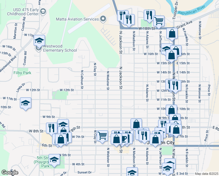 map of restaurants, bars, coffee shops, grocery stores, and more near 540 West 12th Street in Junction City