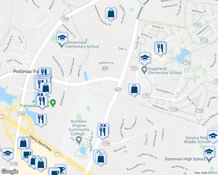map of restaurants, bars, coffee shops, grocery stores, and more near 46567 Riverwood Terrace in Sterling
