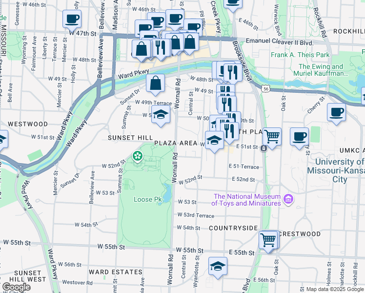 map of restaurants, bars, coffee shops, grocery stores, and more near 316 West 51 Terrace in Kansas City