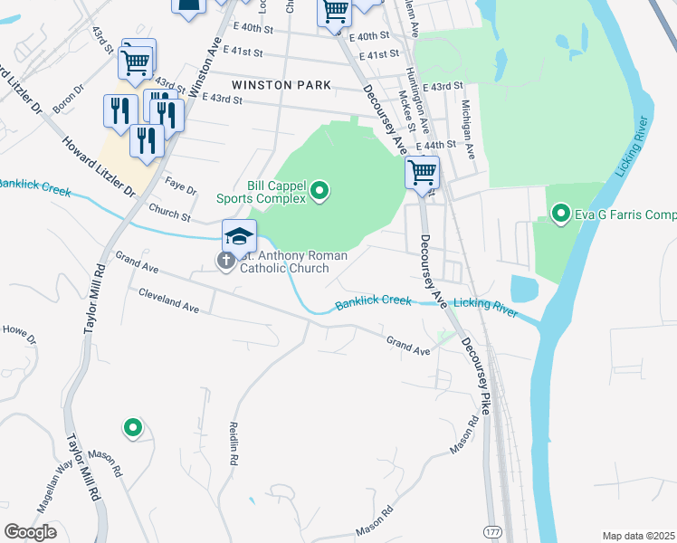 map of restaurants, bars, coffee shops, grocery stores, and more near 4707 Victory Avenue in Covington