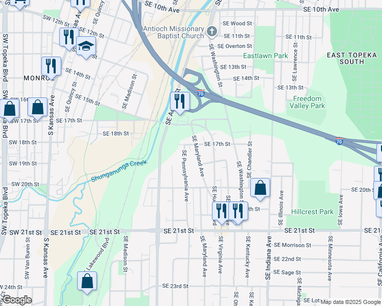 map of restaurants, bars, coffee shops, grocery stores, and more near 1707 Southeast Maryland Avenue in Topeka