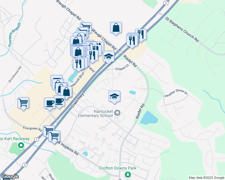 map of restaurants, bars, coffee shops, grocery stores, and more near 2472 Cheyenne Drive in Gambrills