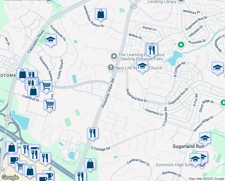 map of restaurants, bars, coffee shops, grocery stores, and more near 1010 Brethour Court in Sterling
