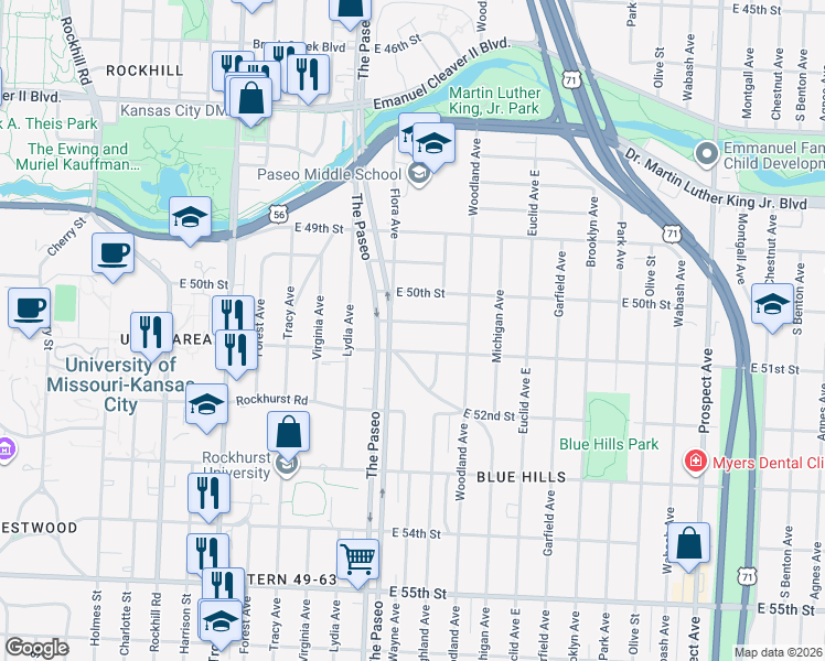 map of restaurants, bars, coffee shops, grocery stores, and more near 1511 East 50th Terrace in Kansas City