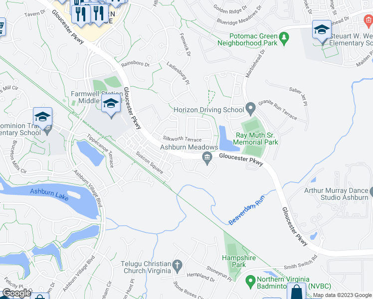 map of restaurants, bars, coffee shops, grocery stores, and more near 20976 Glenburn Terrace in Ashburn