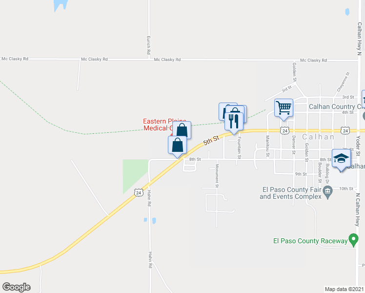 map of restaurants, bars, coffee shops, grocery stores, and more near 555 Crystola Street in Calhan