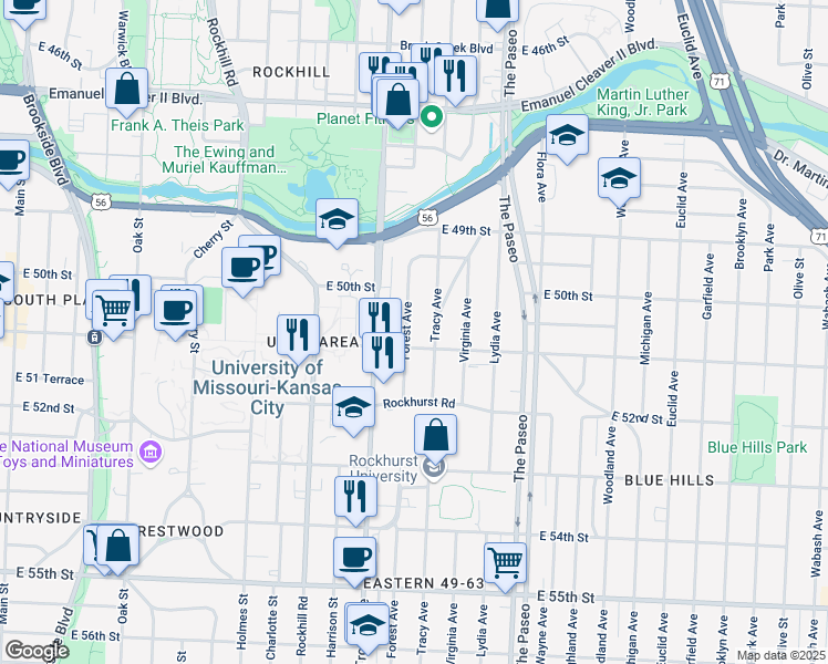 map of restaurants, bars, coffee shops, grocery stores, and more near 5031 Forest Ave in Kansas City
