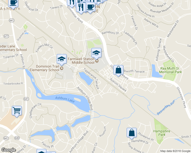 map of restaurants, bars, coffee shops, grocery stores, and more near 44154 Tippecanoe Terrace in Ashburn