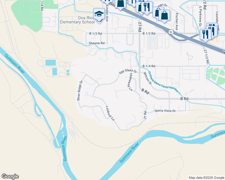 map of restaurants, bars, coffee shops, grocery stores, and more near 205 Secret Canyon Court in Grand Junction