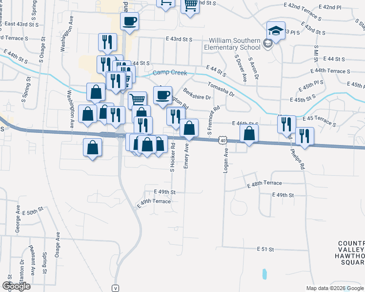 map of restaurants, bars, coffee shops, grocery stores, and more near 4708 Emery Ave in Kansas City