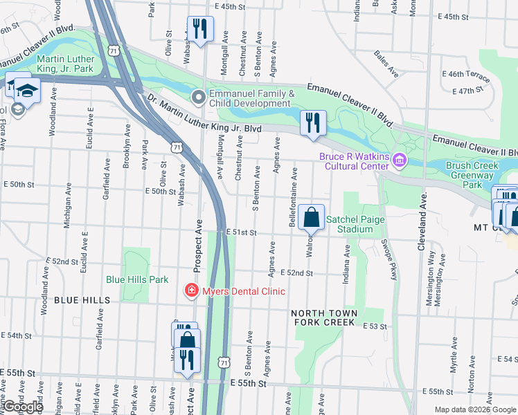 map of restaurants, bars, coffee shops, grocery stores, and more near 5023 South Benton Avenue in Kansas City