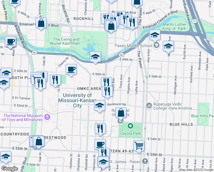 map of restaurants, bars, coffee shops, grocery stores, and more near in Kansas City