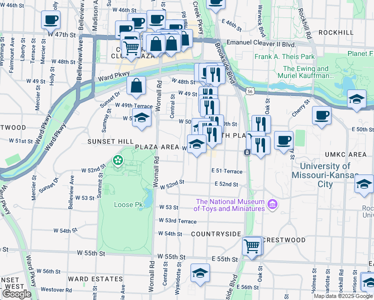 map of restaurants, bars, coffee shops, grocery stores, and more near 200 West 51 Terrace in Kansas City