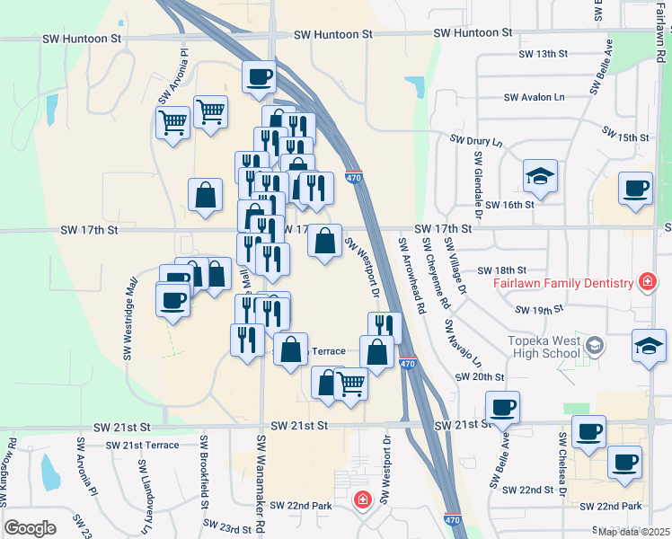 map of restaurants, bars, coffee shops, grocery stores, and more near 1740 Southwest Wanamaker Road in Topeka