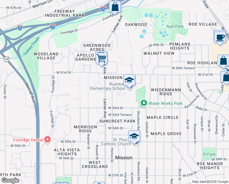 map of restaurants, bars, coffee shops, grocery stores, and more near 5218 Horton Street in Mission