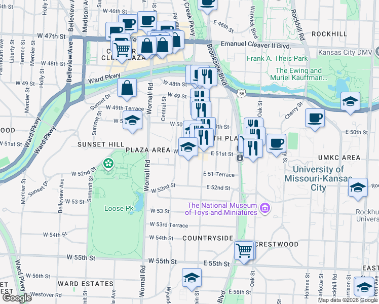 map of restaurants, bars, coffee shops, grocery stores, and more near Baltimore Avenue in Kansas City
