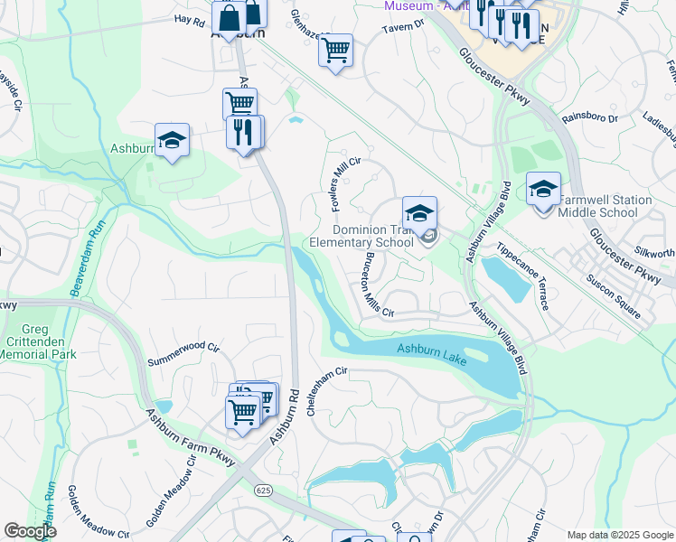 map of restaurants, bars, coffee shops, grocery stores, and more near 21027 Roaming Shores Terrace in Ashburn