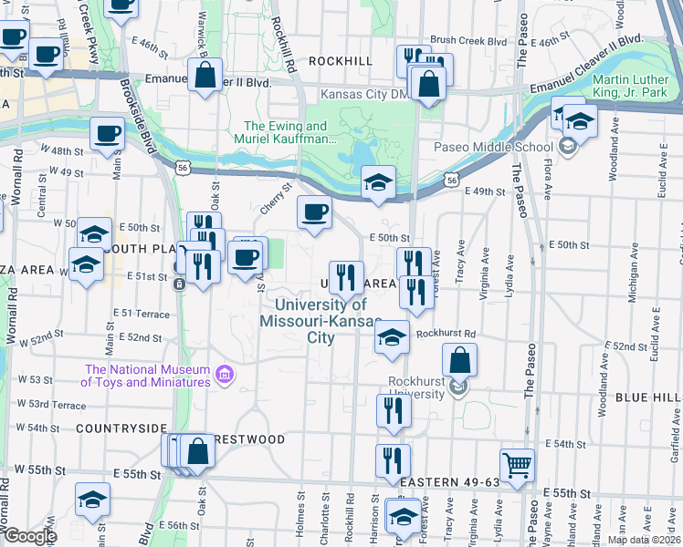map of restaurants, bars, coffee shops, grocery stores, and more near 800 East 51st Street in Kansas City