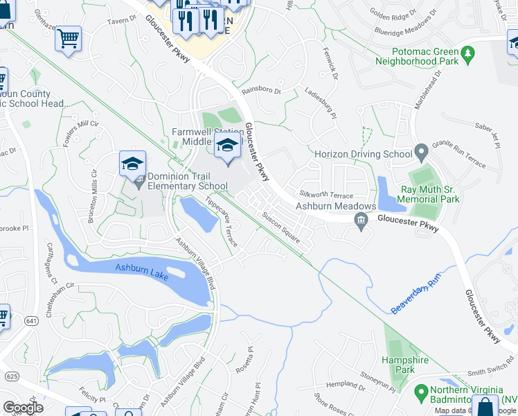 map of restaurants, bars, coffee shops, grocery stores, and more near 21011 Coburn Terrace in Ashburn