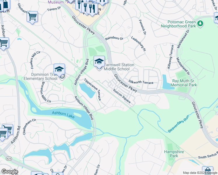 map of restaurants, bars, coffee shops, grocery stores, and more near 21015 Kittanning Lane in Ashburn