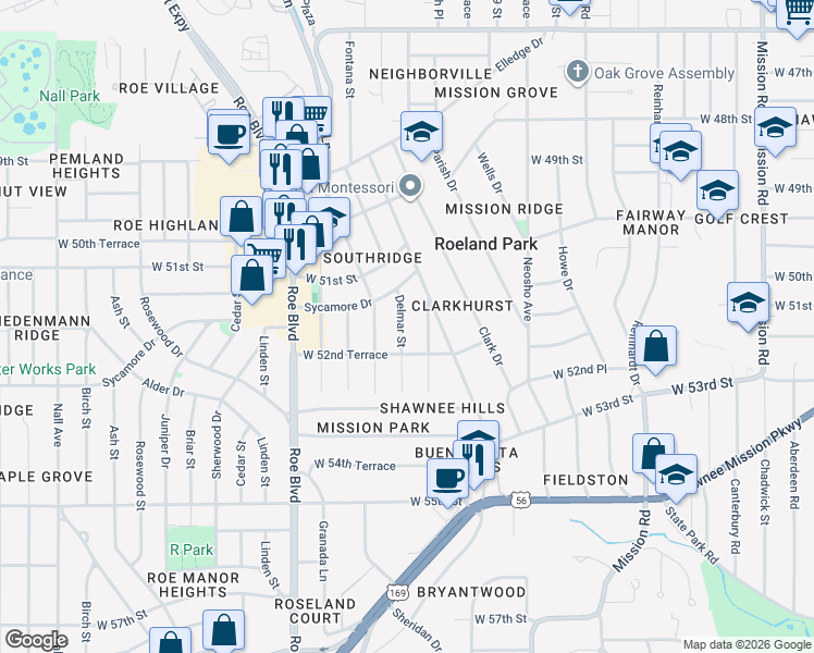 map of restaurants, bars, coffee shops, grocery stores, and more near 5212 Catalina Street in Roeland Park