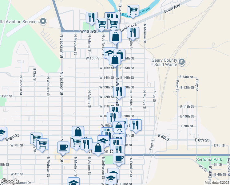 map of restaurants, bars, coffee shops, grocery stores, and more near 1212 North Washington Street in Junction City